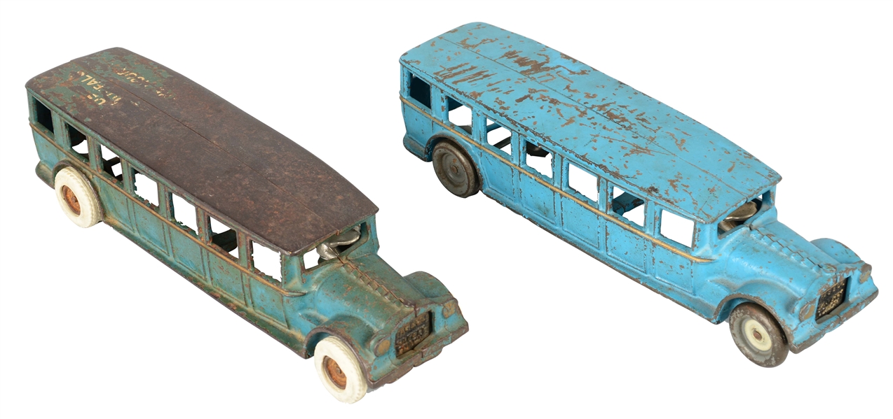 LOT OF 2: ARCADE MFG. CO. CAST IRON TOY BUSES. 