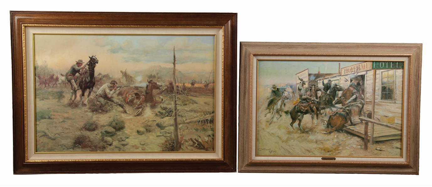 LOT OF 2: AFTER CHARLES RUSSELL WESTERN SCENES FROM ORIGINAL OIL PAINTING.