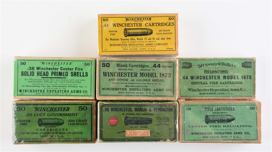 LOT OF 7: BOXES OF WINCHESTER AND REMINGTON  AMMUNITION.