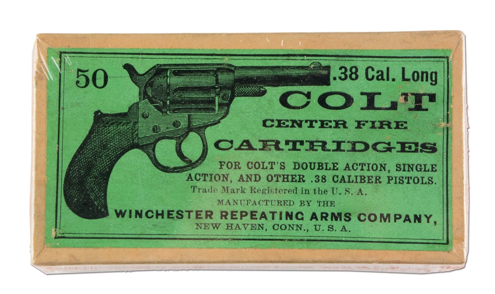 WINCHESTER PICTURE BOX OF .38 LONG COLT CENTER FIRE AMMUNITION.