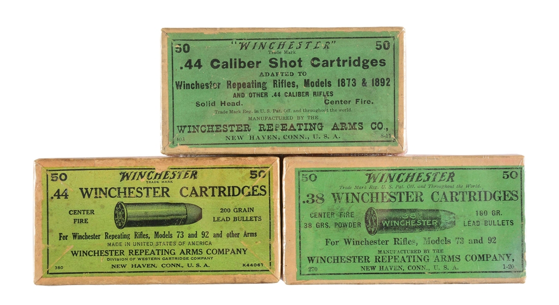 LOT OF 3: BOXES OF .38 & .44 CALIBER WINCHESTER AMMUNITION.