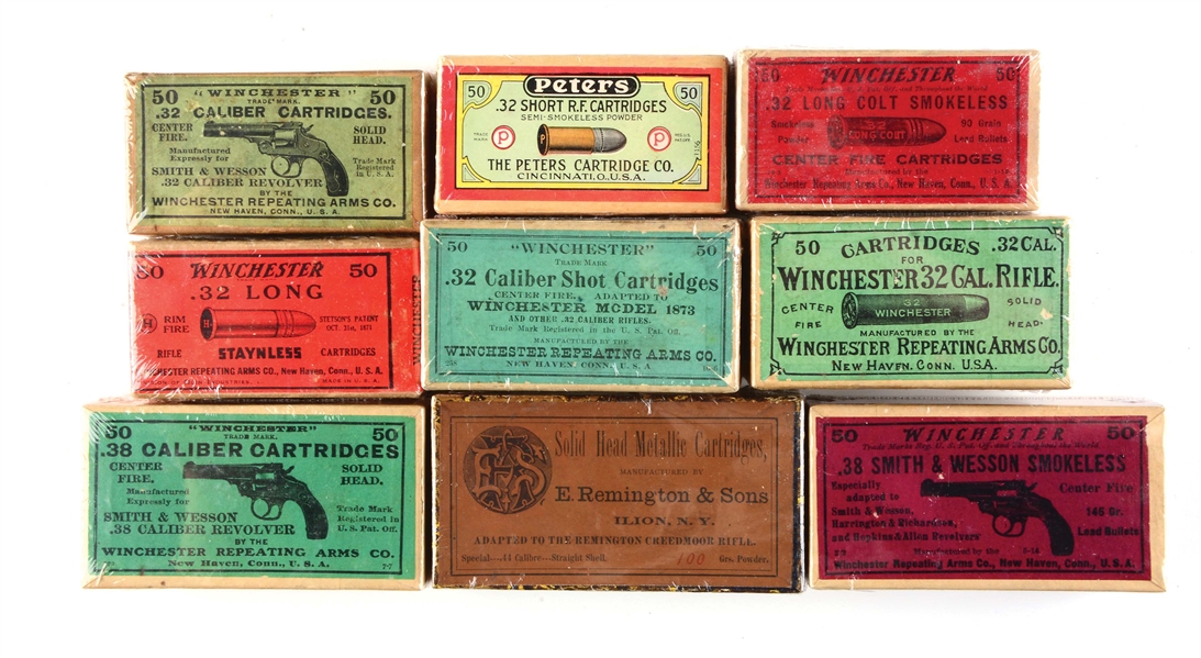 LOT OF 9: BOXES OF VARIOUS .32, .38 AND .44 CAL. AMMUNITION.