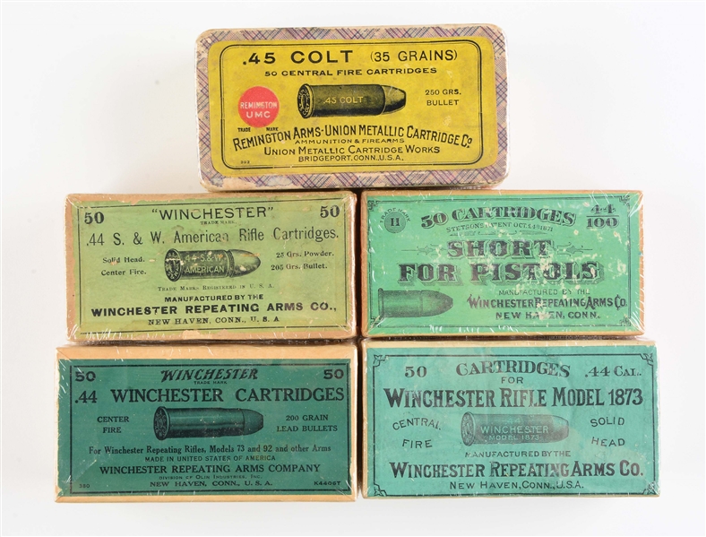 LOT OF 5: BOXES OF .44 & .45 CAL. AMMUNITION.