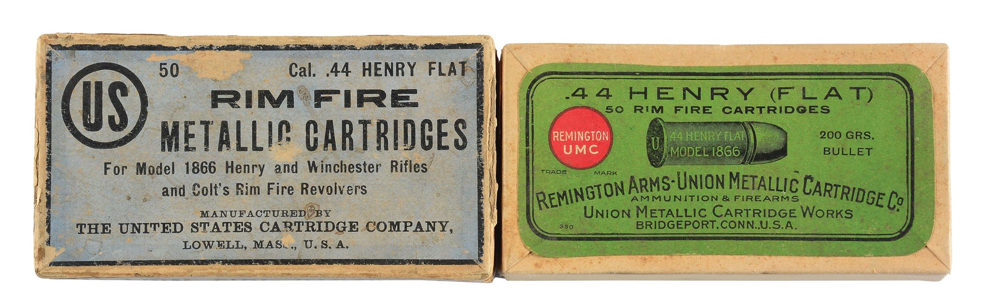 LOT OF 2: BOXES FOR .44 HENRY FLAT CARTRIDGES.