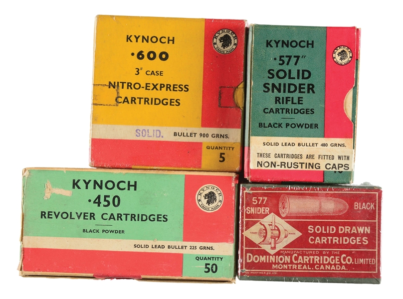 LOT OF 4: BOXES OF KYNOCH AND DOMINION CARTRIDGES.