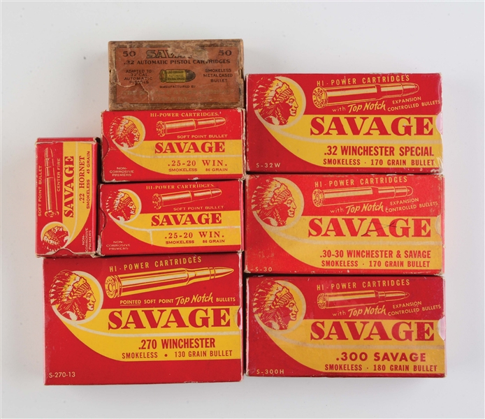LOT OF 8: BOXES OF VARIOUS SAVAGE AMMUNITION.