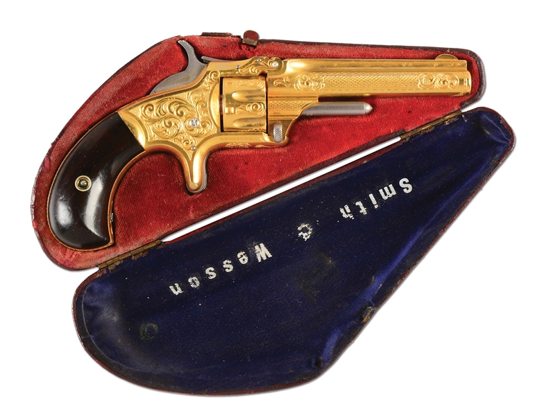 (A) PIPE CASED NEW YORK ENGRAVED & GOLD PLATED SMITH & WESSON 1ST MODEL 3RD ISSUE SPUR TRIGGER REVOLVER.