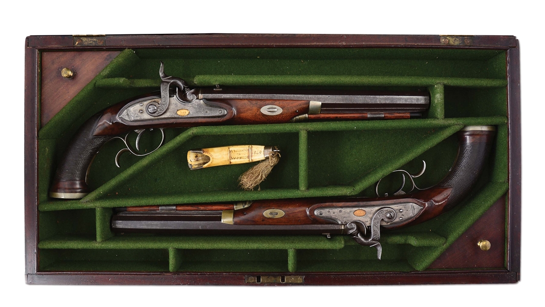 (A) DOCUMENTED CASED PAIR OF DUELING PISTOLS BELONGING TO PRESIDENT JAMES MADISON.