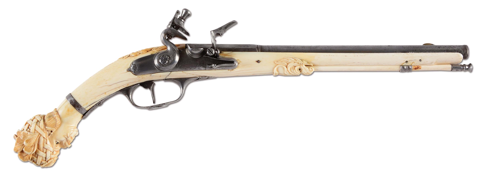 (A) AN EXTREMELY RARE AND MAGNIFICENT DUTCH IVORY STOCK FLINTLOCK PISTOL, MAASTRICHT CIRCA 1675 WITH EXQUISITELY CARVED TURK’S HEAD POMMEL.