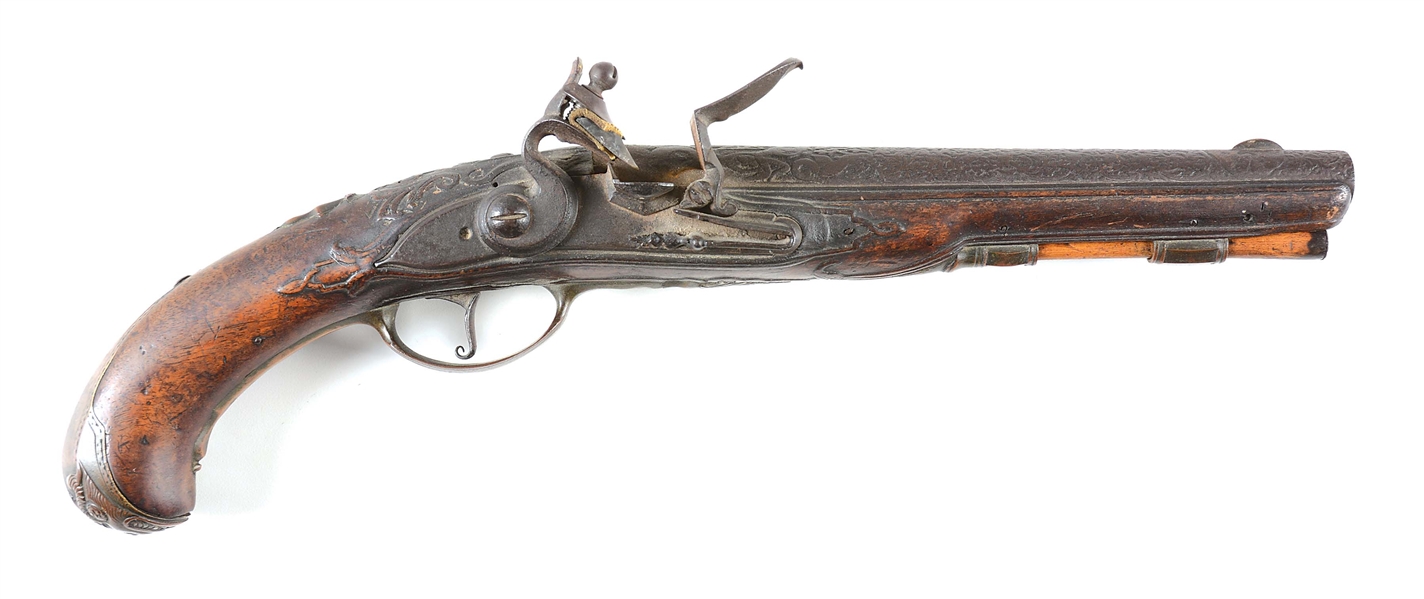 (A) UNUSUAL CONTINENTIAL RIFLED HOLSTER PISTOL WITH RELIEF ENGRAVED BARREL.