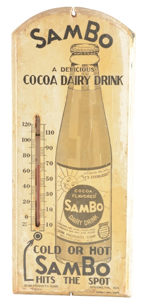 EARLY SAMBO COCAO WOODEN ADVERTISING THERMOMETER. 