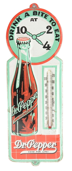 1930S DR. PEPPER ADVERTISING THERMOMETER WITH CLOCK TOP. 