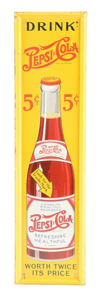 PEPSI-COLA 5¢ SELF-FRAMED TIN DOOR PUSH SIGN WITH BOTTLE. 