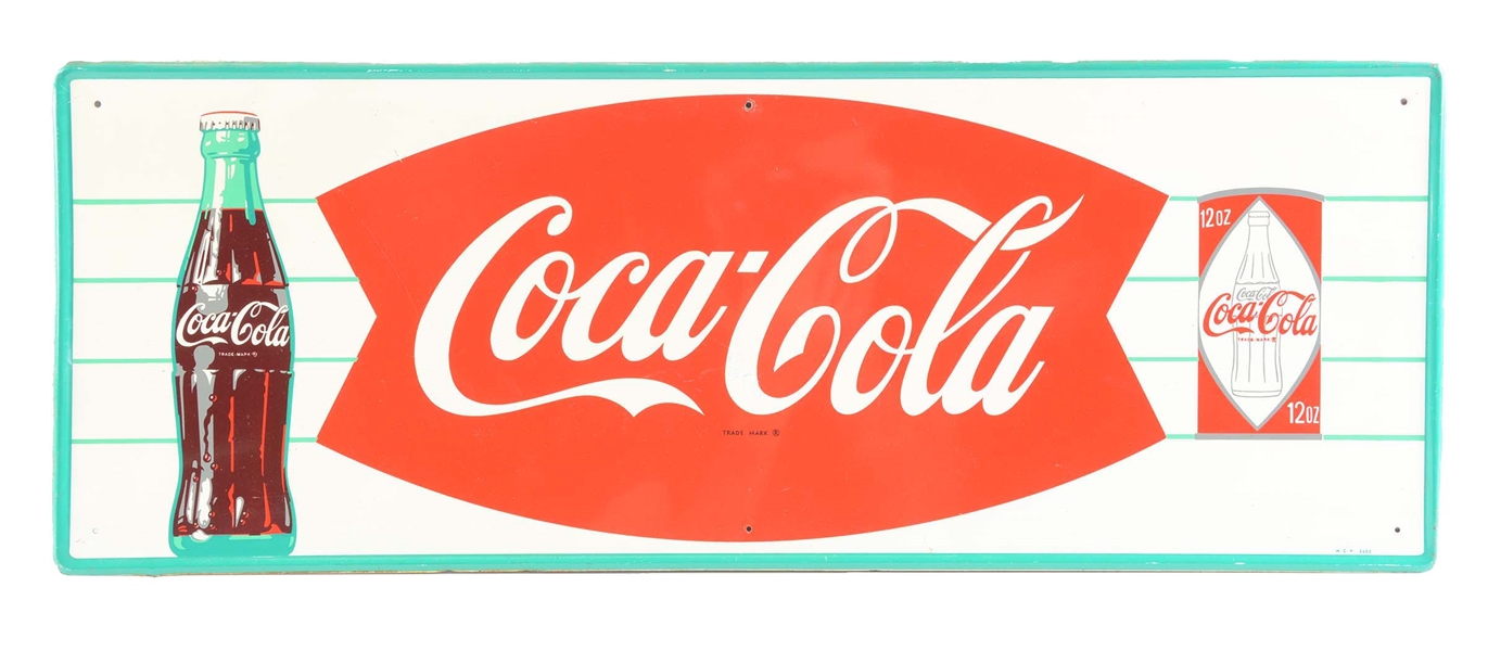 SELF-FRAMED TIN COCA-COLA BOTTLE AND CAN ADVERTISING SIGN. 
