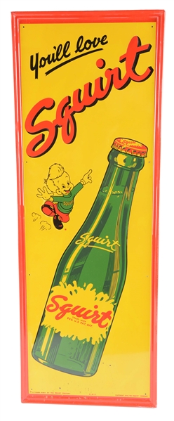 1942 SQUIRT SODA EMBOSSED TIN ADVERTISING SIGN. 
