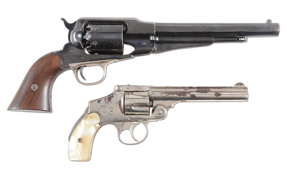 (C+A) LOT OF 2: REMINGTON NEW MODEL ARMY PERCUSSION REVOLVER & NICKEL SMITH & WESSON SAFETY HAMMERLESS 4TH MODEL DOUBLE ACTION REVOLVER.