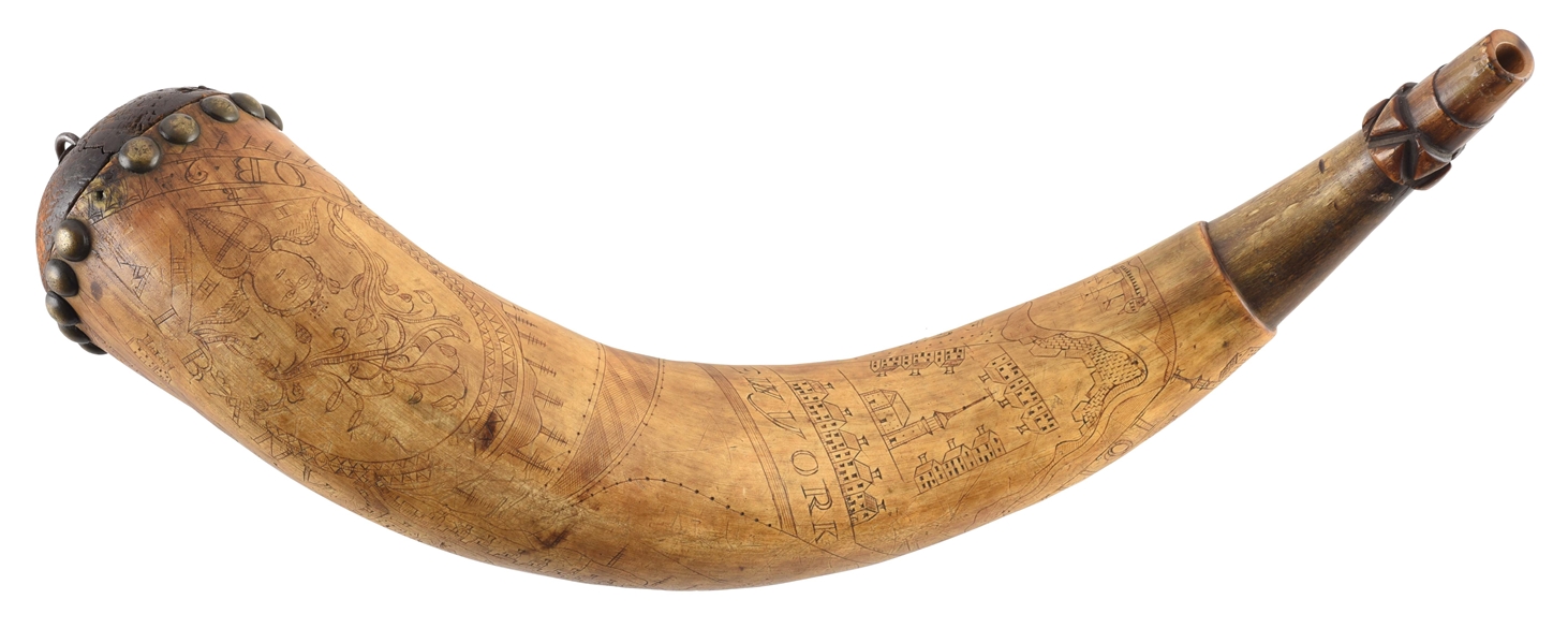FABULOUS 1777 DATED NEW YORK MAP CARVED POWDER HORN OF JONATHAN HUNTRESS OF VALLEY FORGE.