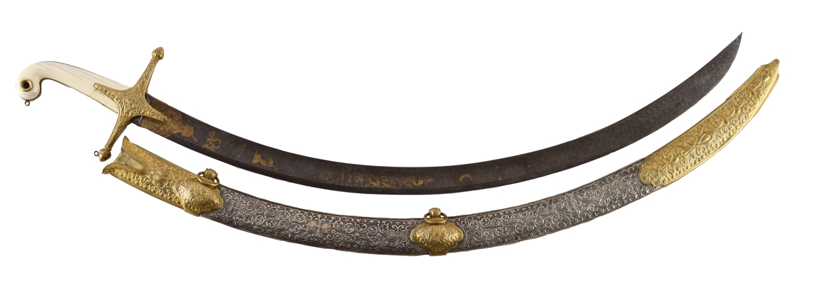 MAGNIFICENT SILVER GILT BRASS & IVORY MOUNTED HUNGARIAN MAMLUK HILT SABER WITH GILT DECORATED ETCHED BLADE.