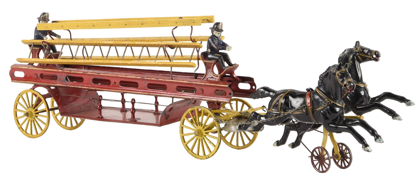 EARLY AMERICAN MADE HORSE DRAWN LADDER WAGON.