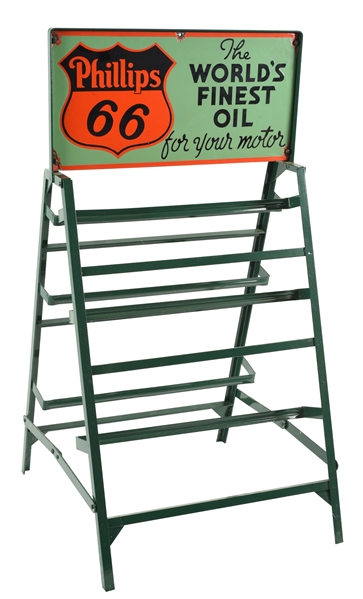 PHILLIPS 66 THE WORLDS FINEST MOTOR OIL PORCELAIN RACK SIGN WITH METAL OIL CAN RACK.