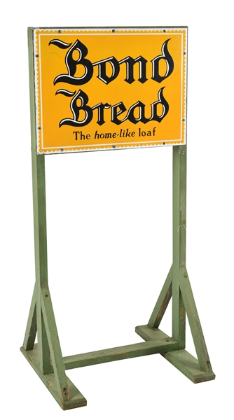 BOND BREAD COUNTRY STORE BROOM RACK WITH PORCELAIN SIGNS.