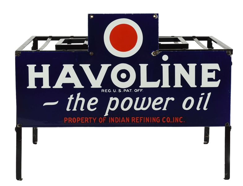 HAVOLINE THE POWER MOTOR OIL PORCELAIN SIGN WITH METAL OIL BOTTLE RACK.