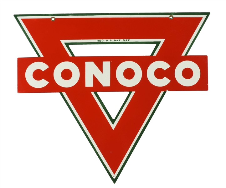 CONOCO GASOLINE & MOTOR OIL DIE-CUT 26" PORCELAIN CURB SIGN.