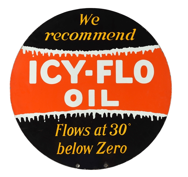 ICY FLO MOTOR OIL PORCELAIN CURB SIGN.