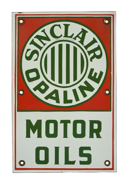 SINCLAIR OPALINE MOTOR OILS PORCELAIN OIL CART SIGN.