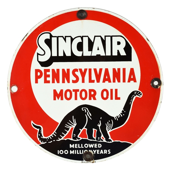 SINCLAIR PENNSYLVANIA MOTOR OIL PORCELAIN SIGN WITH DINO GRAPHIC. 