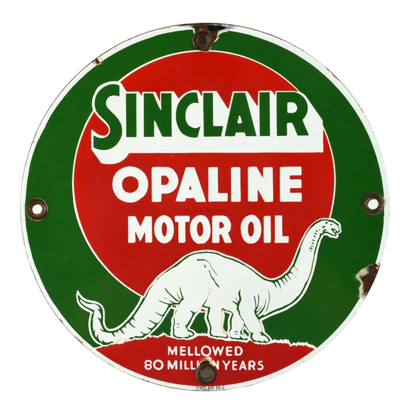 SINCLAIR OPALINE MOTOR OIL PORCELAIN SIGN WITH DINOSAUR GRAPHIC. 