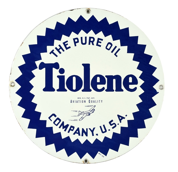 PURE OIL COMPANY TIOLENE AVIATION QUALITY MOTOR OIL PORCELAIN SIGN WITH AIRPLANE GRAPHIC.