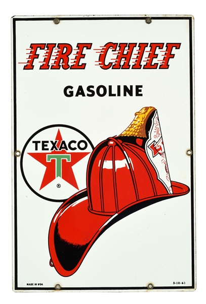 TEXACO FIRE CHIEF GASOLINE PORCELAIN PUMP SIGN.