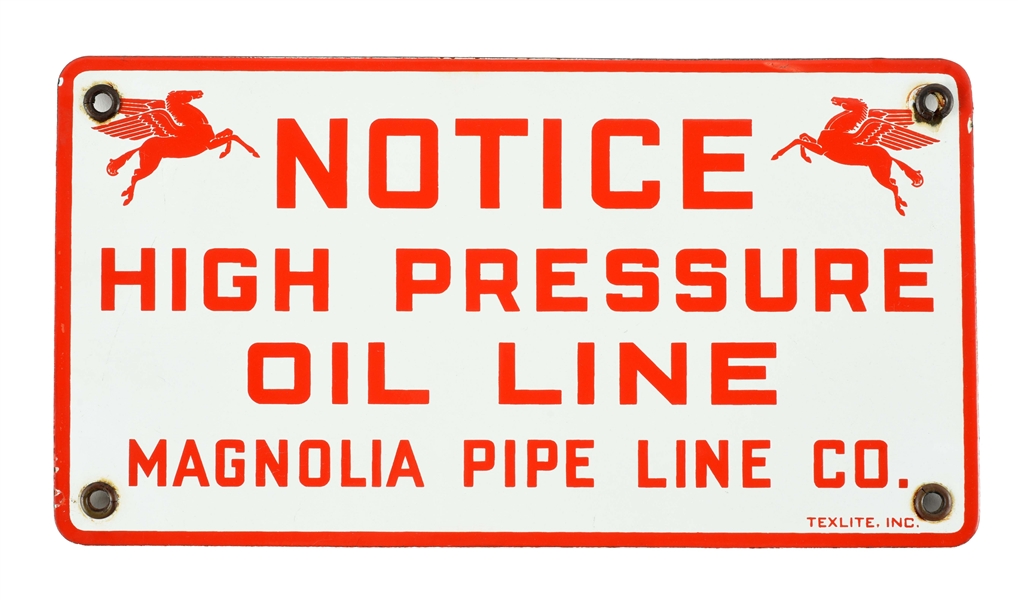 MAGNOLIA GASOLINE OIL LINE PORCELAIN SIGN WITH PEGASUS GRAPHIC. 