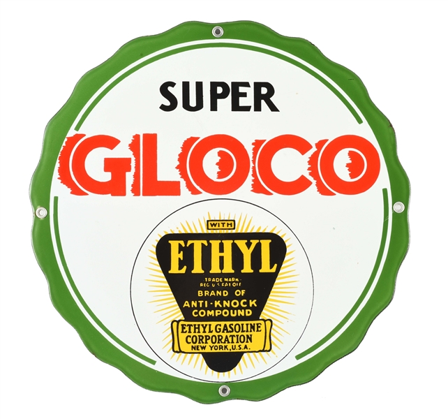 GOOD LUCK OIL COMPANY SUPER GLOCO ETHYL NOS PORCELAIN PUMP SIGN.