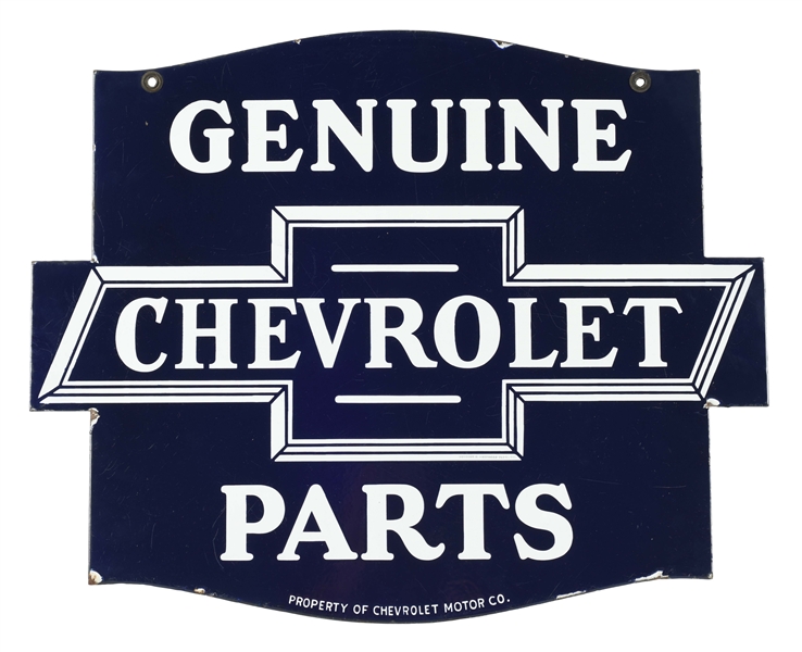 CHEVROLET GENUINE PARTS PORCELAIN SIGN WITH CHEVY BOW TIE GRAPHIC.