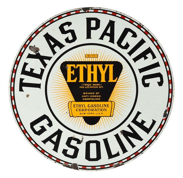TEXAS PACIFIC ETHYL GASOLINE PORCELAIN CURB SIGN WITH ETHYL BURST GRAPHIC.