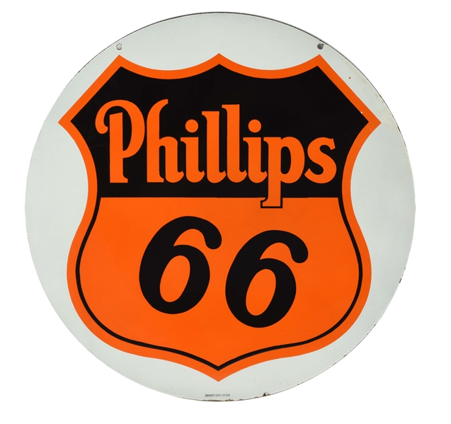 RARE PHILLIPS 66 GASOLINE PORCELAIN CURB SIGN WITH SHIELD GRAPHIC.