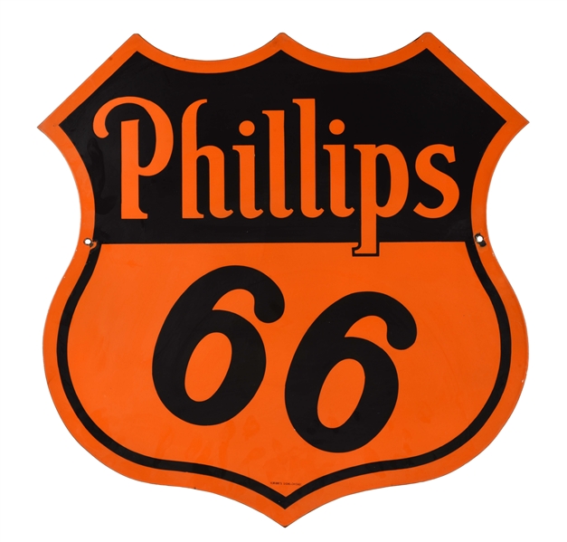 PHILLIPS 66 GASOLINE PORCELAIN SHIELD SIGN. 