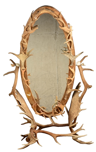 LARGE ANTLER FREESTANDING CHEVAL MIRROR.