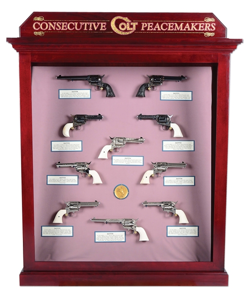 LOT OF 10: CONSECUTIVELY NUMBERED UNFIRED COLT CUSTOM SHOP SINGLE ACTION ARMY REVOLVERS IN CUSTOM DISPLAY CASE.