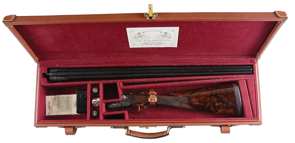 (M) FINELY CRAFTED 20 GAUGE A.H. FOX DE SHOTGUN BY CSMC WITH NICELY DETAILED ENGRAVING BY A. TUSCANO WITH CASE. 