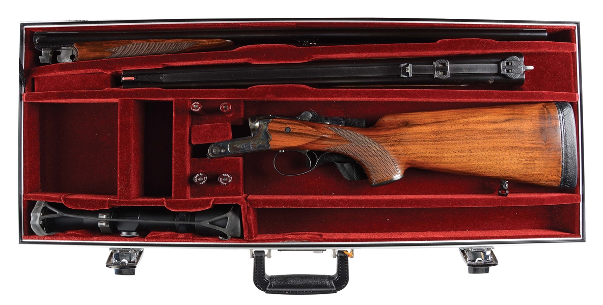 (M) MERKEL MODEL 141E  PETITE FRAME BOXLOCK EJECTOR DOUBLE RIFLE WITH SCOPE, EXTRA SHOTGUN BARRELS, AMMUNITION, DIES AND CASE. 