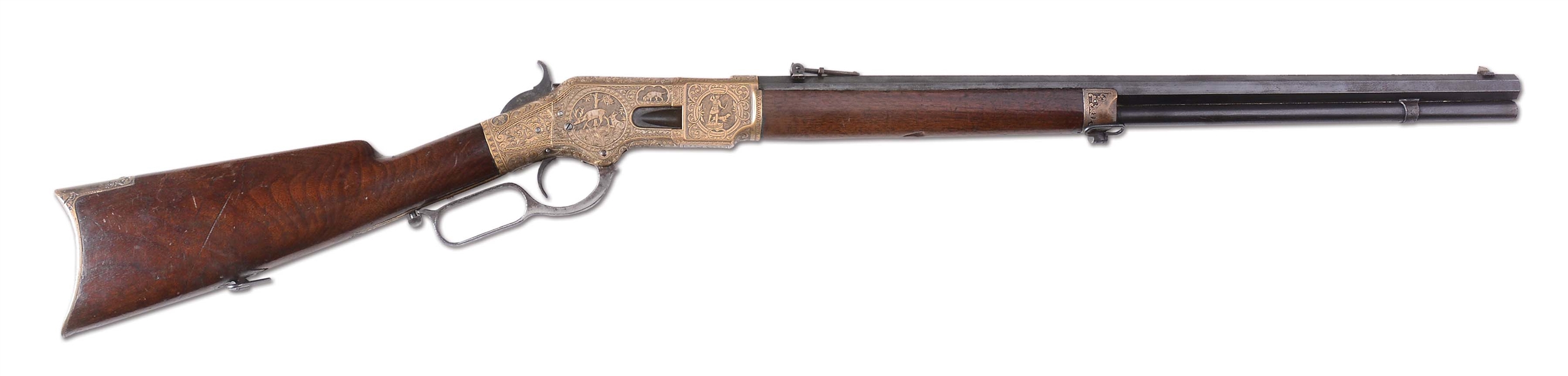 (A) RELIEF ENGRAVED WINCHESTER MODEL 1866 LEVER ACTION RIFLE.