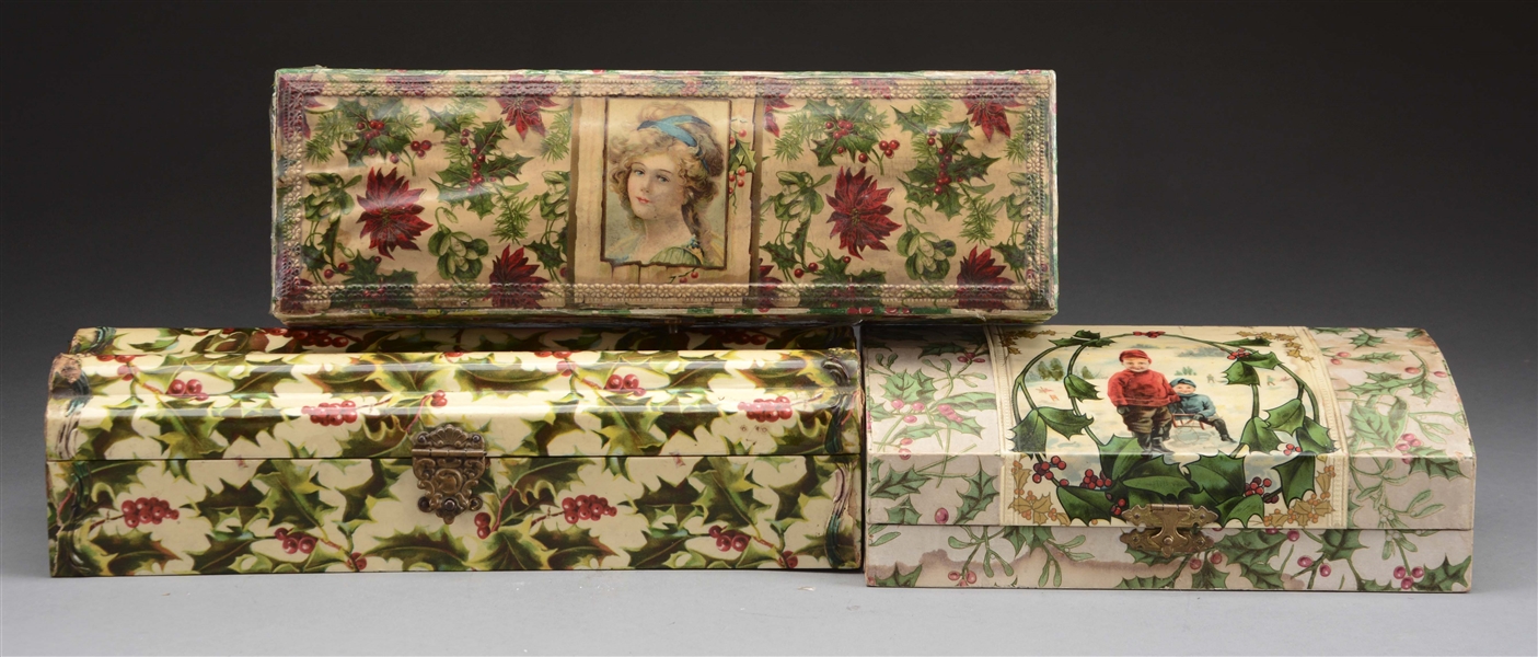 LOT OF 3: VICTORIAN CELLULOID HOLLY CHRISTMAS BOXES. 