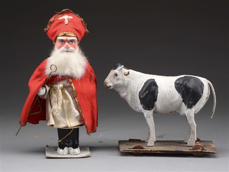 LOT OF 2: COW ON WHEELS & SAINT NICHOLAS CANDY CONTAINER. 
