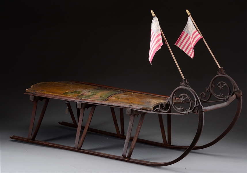 VICTORIAN CHILDS SLED WITH FLAG HOLDERS.