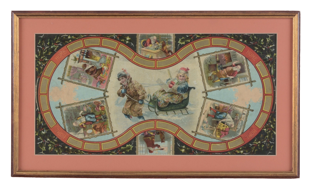 FRAMED GAME BOARD FOR THE "VISIT OF SANTA CLAUS" BY MCLOUGHLIN BROS.