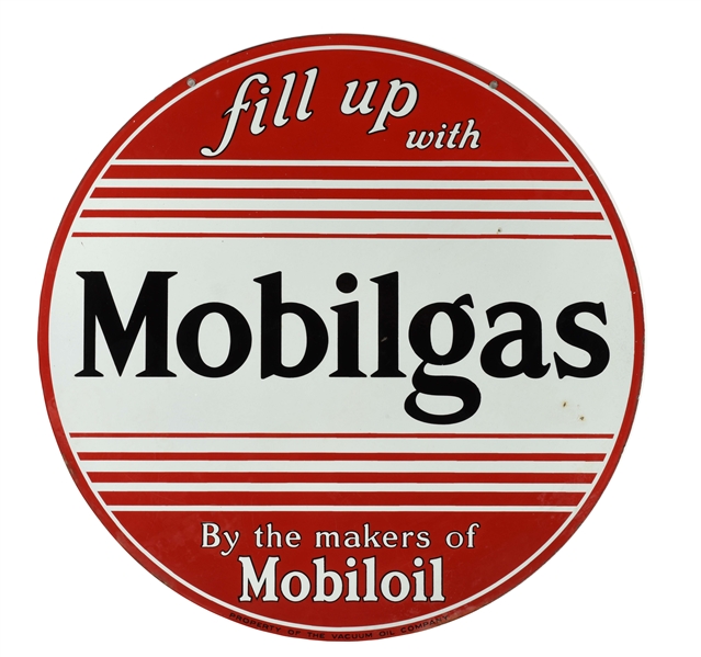 RARE MOBIL GASOLINE FILL UP WITH MOBILGAS PORCELAIN SIGN.