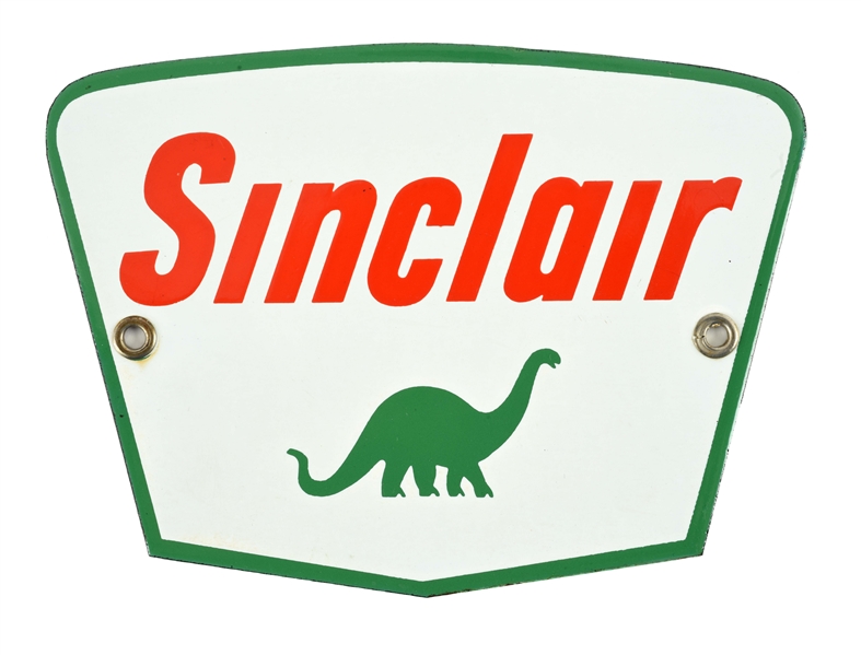 NOS SINCLAIR GASOLINE SMALL VERSION PORCELAIN PUMP PLATE WITH DINO GRAPHIC.